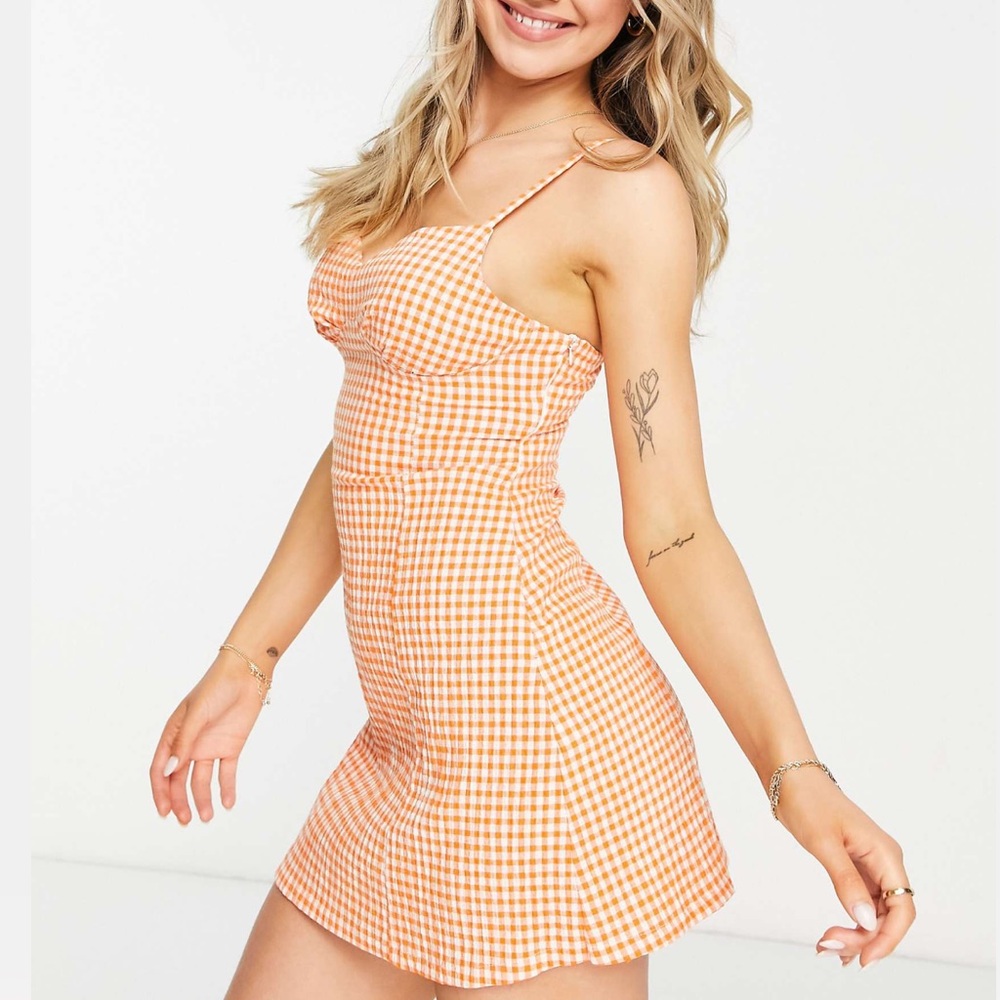 (NWOT) Orange Gingham Bustier Mini Sundress - Picture 8 of 11